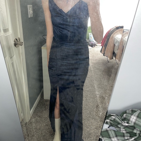 Navy blue prom or formal dress with slit and rushing - Picture 3 of 5
